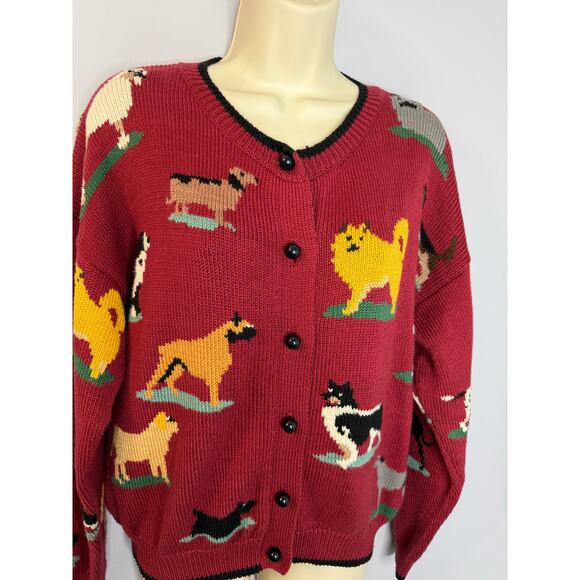 VTG Christine Foley Dogs Knit Cardigan Sweater Women's S (1) Red 90s Dog Pets - Picture 2 of 13